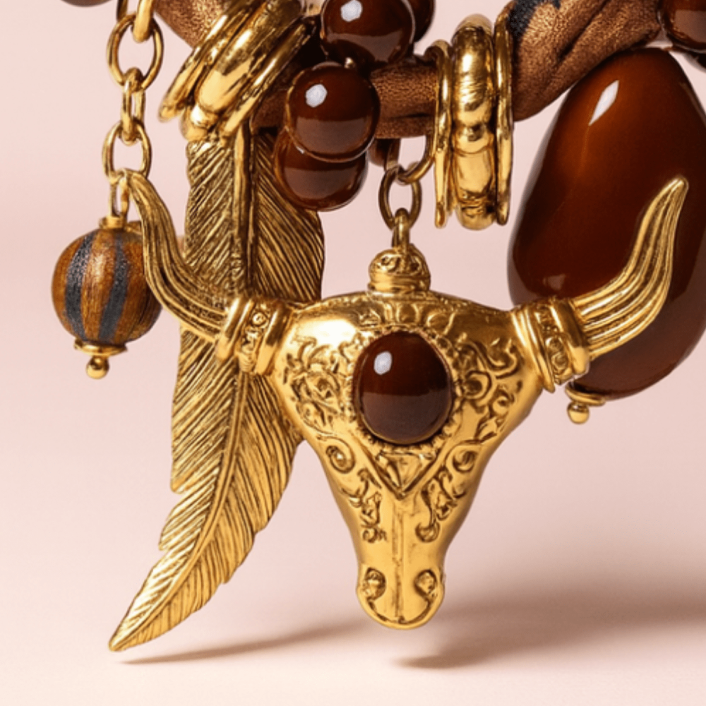 Collier buffle et tissu léopard – charms bohème | Gaou Bijoux