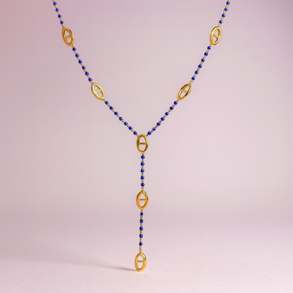 Collier Y perles bleues et maille marine – bijoux acier inoxydable | Gaou Bijoux