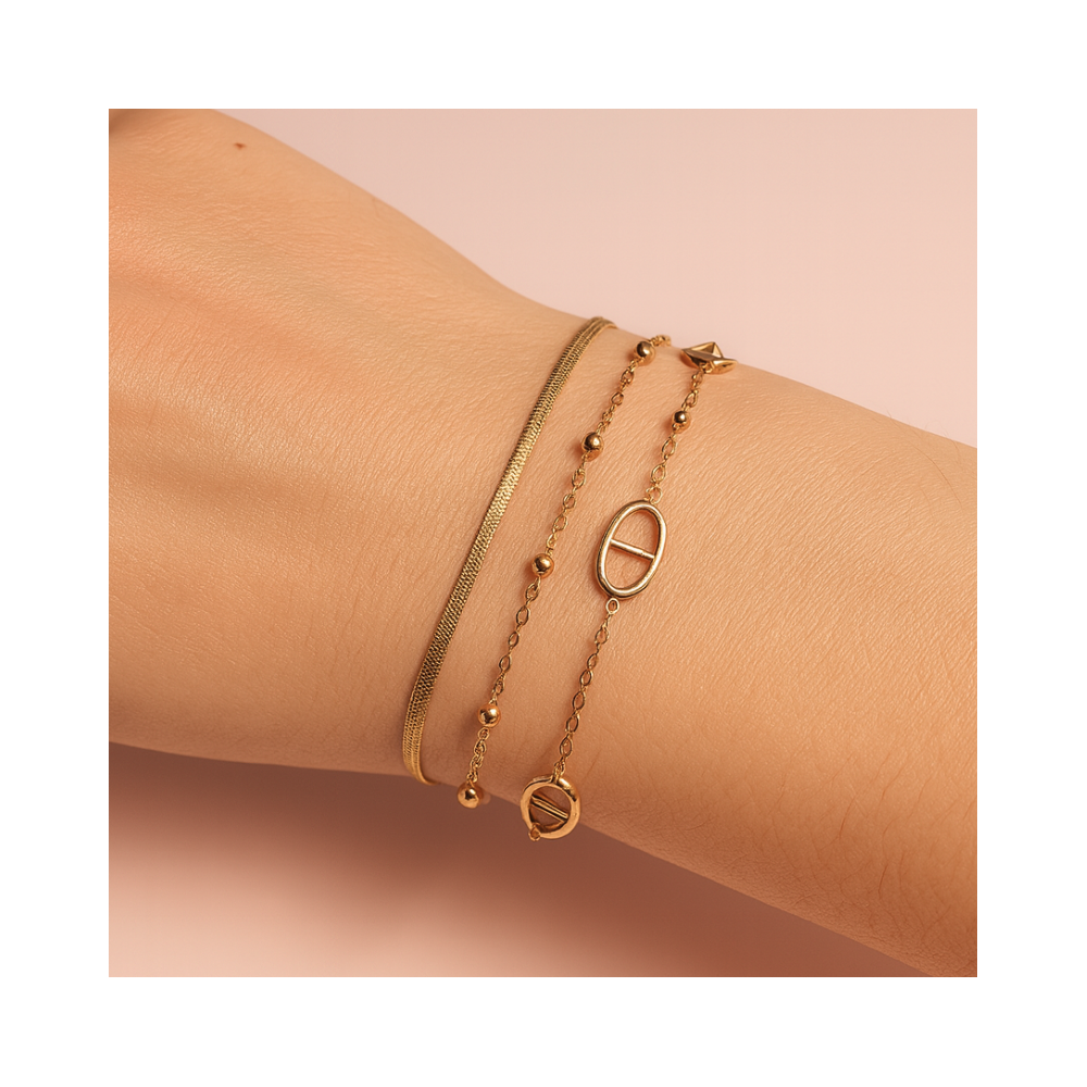 Bracelet triple doré – perles et maille marine – acier inoxydable | Gaou Bijoux