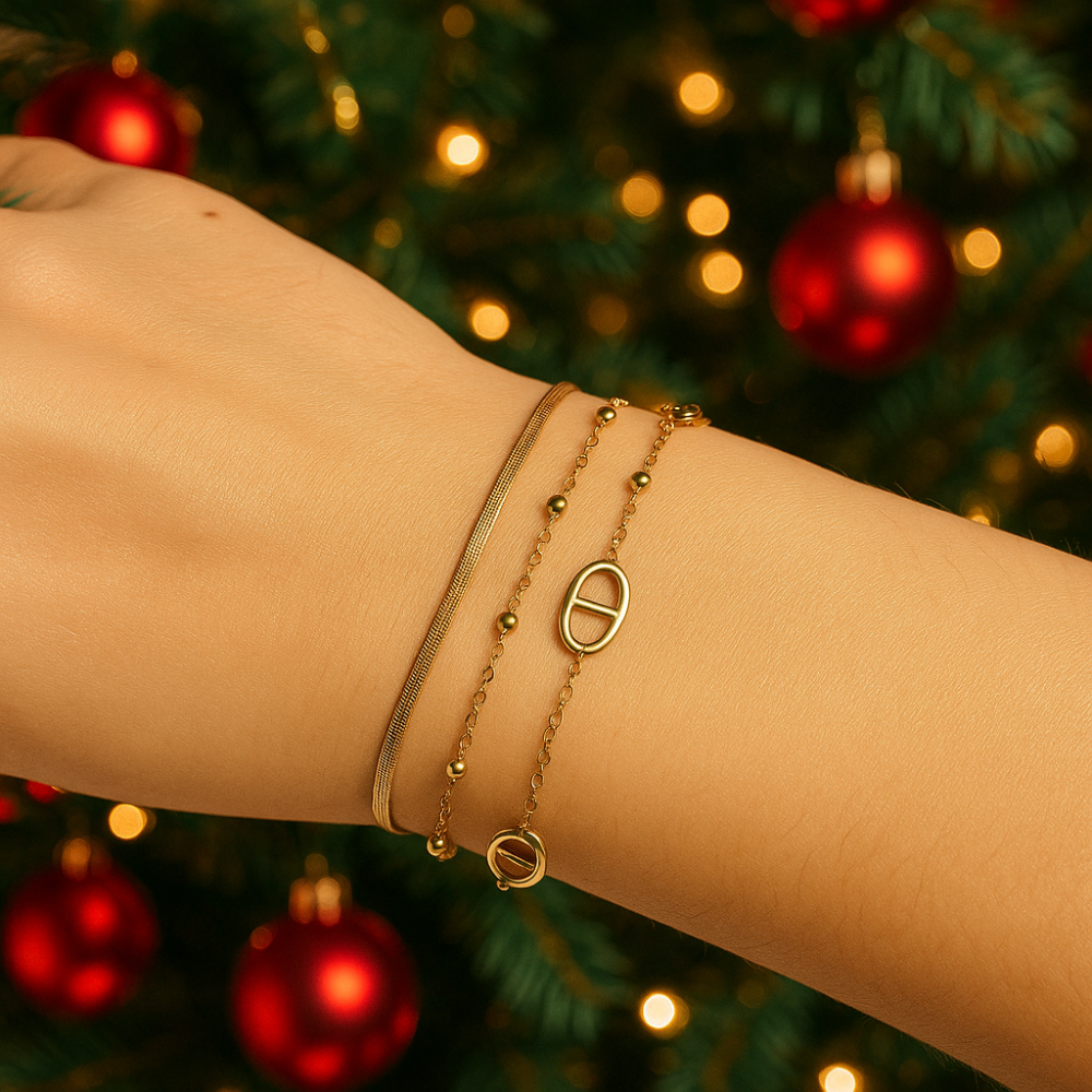 Bracelet Triple Doré Maille & Perles