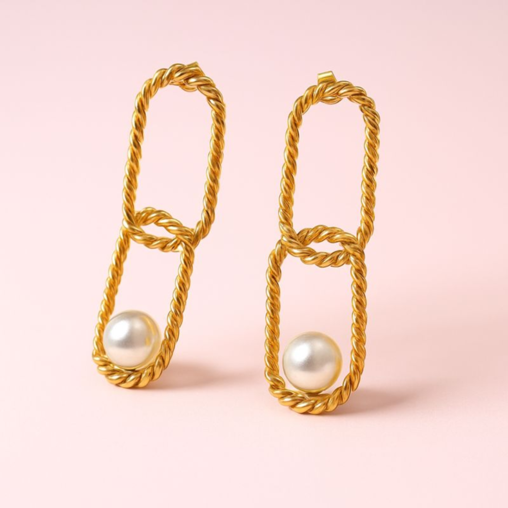 Boucles d’Oreilles Maillons Torsadés & Perle – bijoux acier inoxydable | Gaou Bijoux