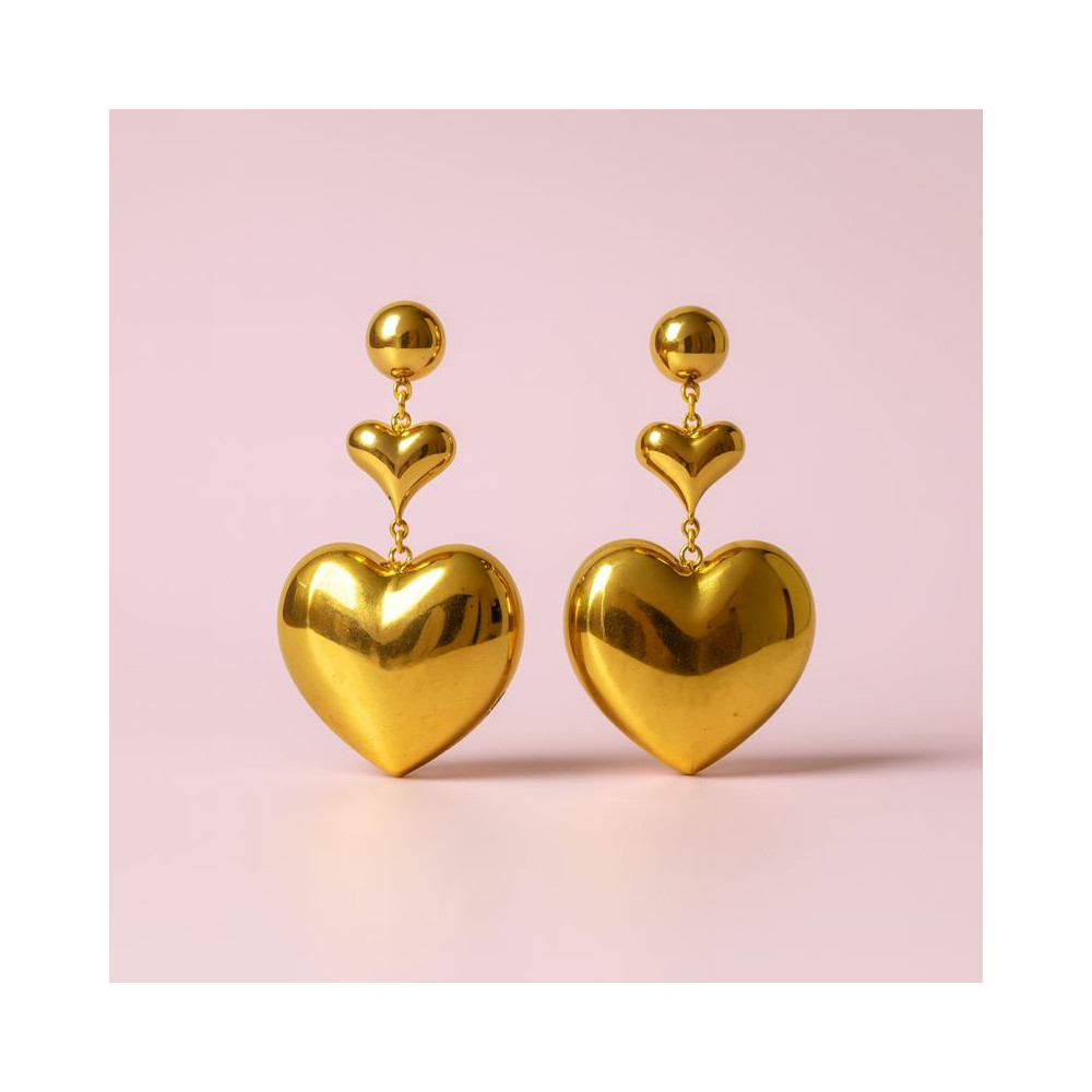 Boucles d’oreilles double cœur dorées en acier inoxydable – élégantes et romantiques | Gaou Bijoux