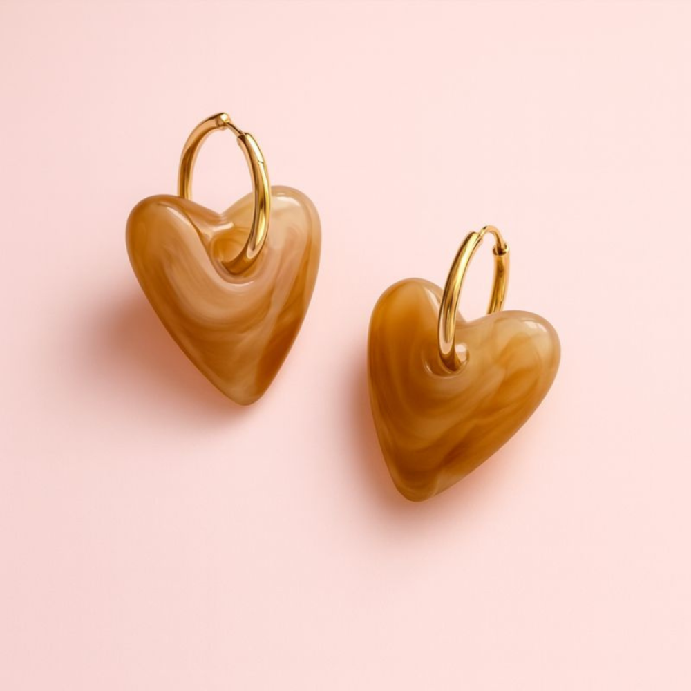 Boucles d’Oreilles Cœur Résine Marbrée – bijoux acier inoxydable | Gaou Bijoux