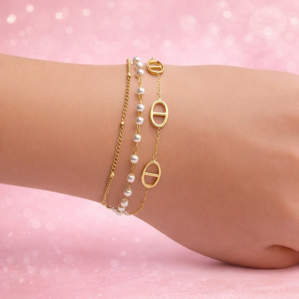 Bracelet Triples maille marine & perles acier inoxydable | bijoux acier inoxydable | Gaou Bijoux