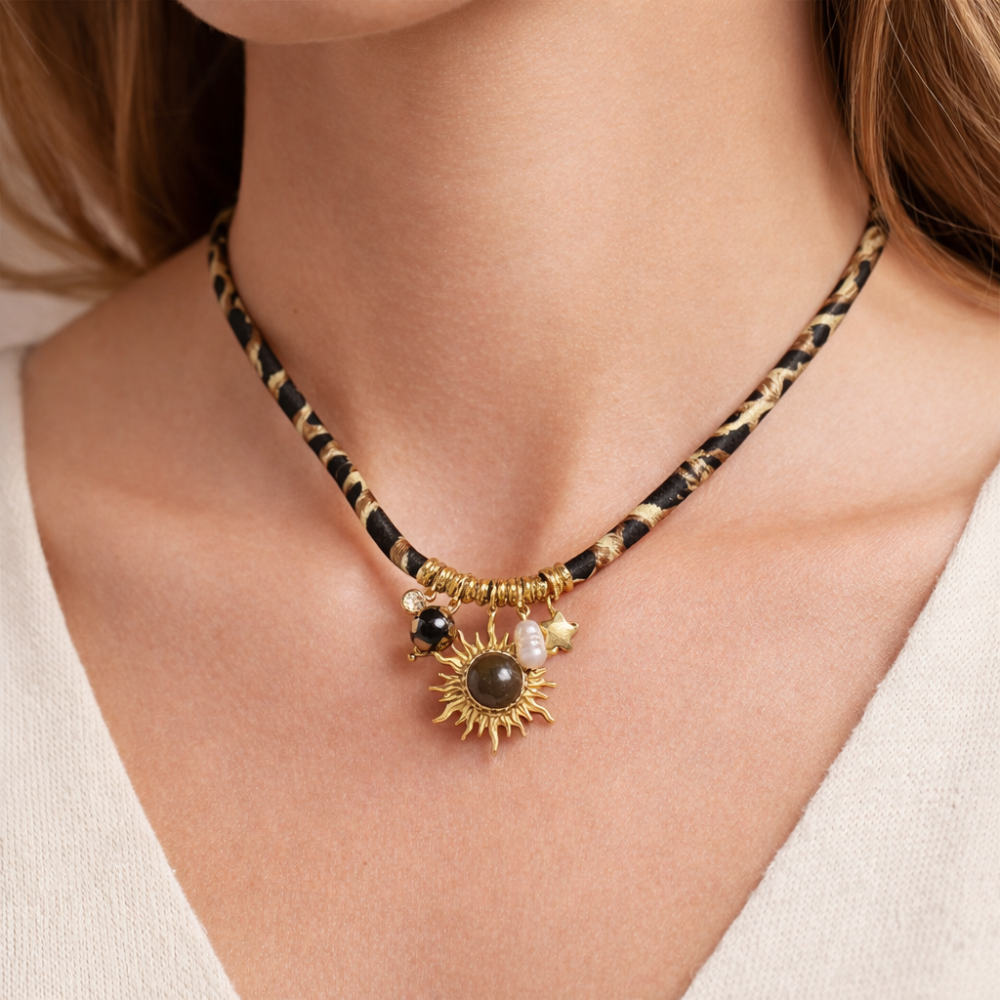 Collier Soleil & Charms Cordon Léopard bijoux acier inoxydable | Gaou Bijoux