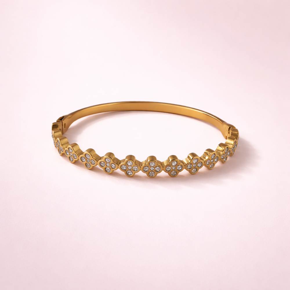 Bracelet Jonc Fleurs Strass – Acier Inoxydable Doré