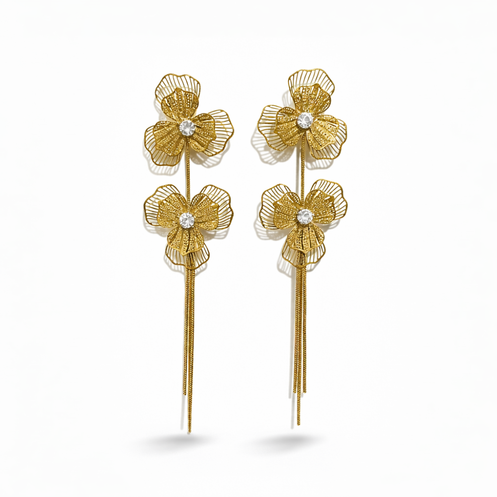 Boucles d’oreilles longues fleurs dorées bijoux acier inoxydable | Gaou Bijoux