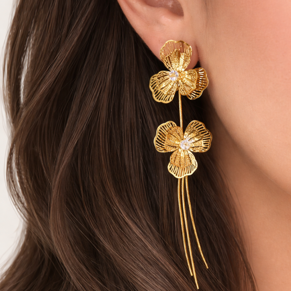 Boucles d’oreilles longues fleurs dorées bijoux acier inoxydable | Gaou Bijoux