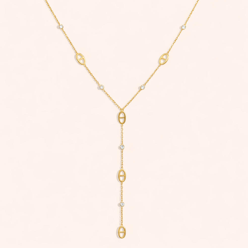 Collier Y maille marine en acier inoxydable doré avec strass