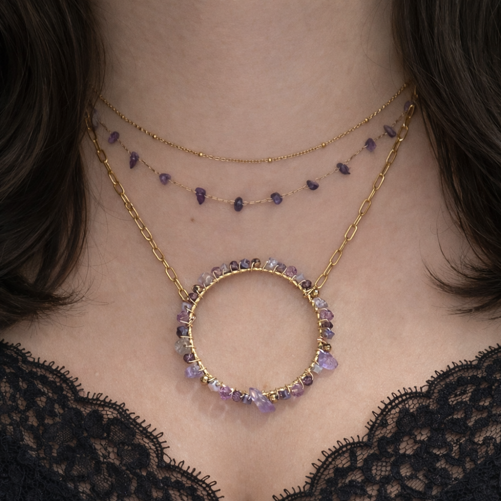 Collier double rang en acier inoxydable avec pierres naturelles bijoux acier inoxydable | Gaou Bijoux