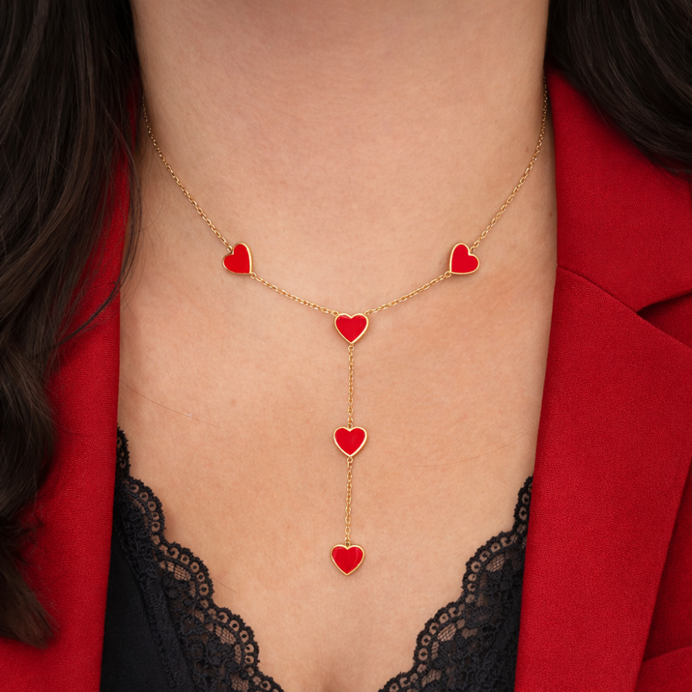 Collier Y Valentine cœurs acier inoxydable rouge blanc bijoux acier inoxydable | Gaou Bijoux