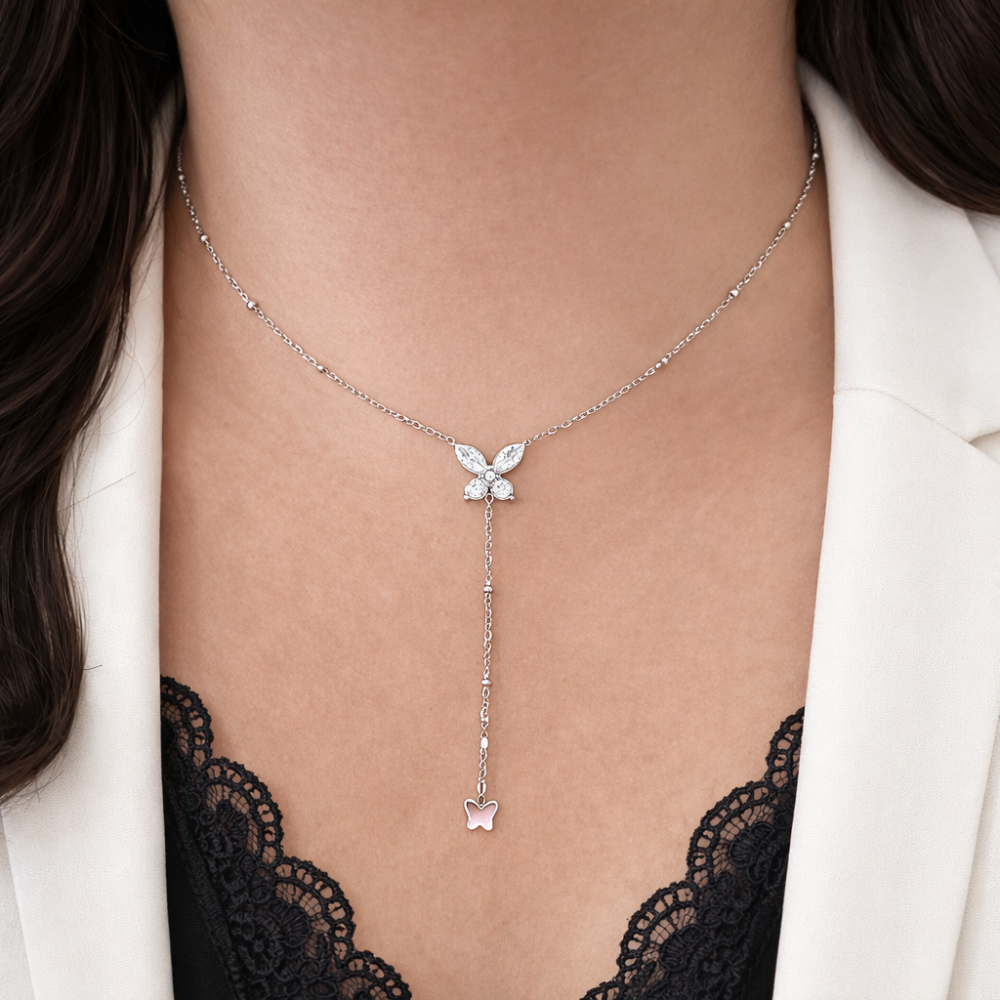 Collier Y papillon zircons acier inoxydable doré argenté bijoux acier inoxydable | Gaou Bijoux