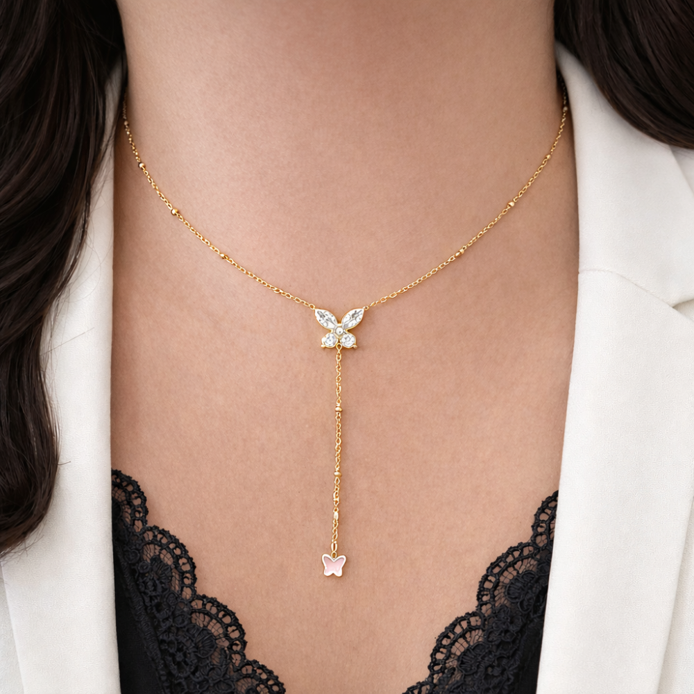 Collier Y papillon zircons acier inoxydable doré argenté bijoux acier inoxydable | Gaou Bijoux