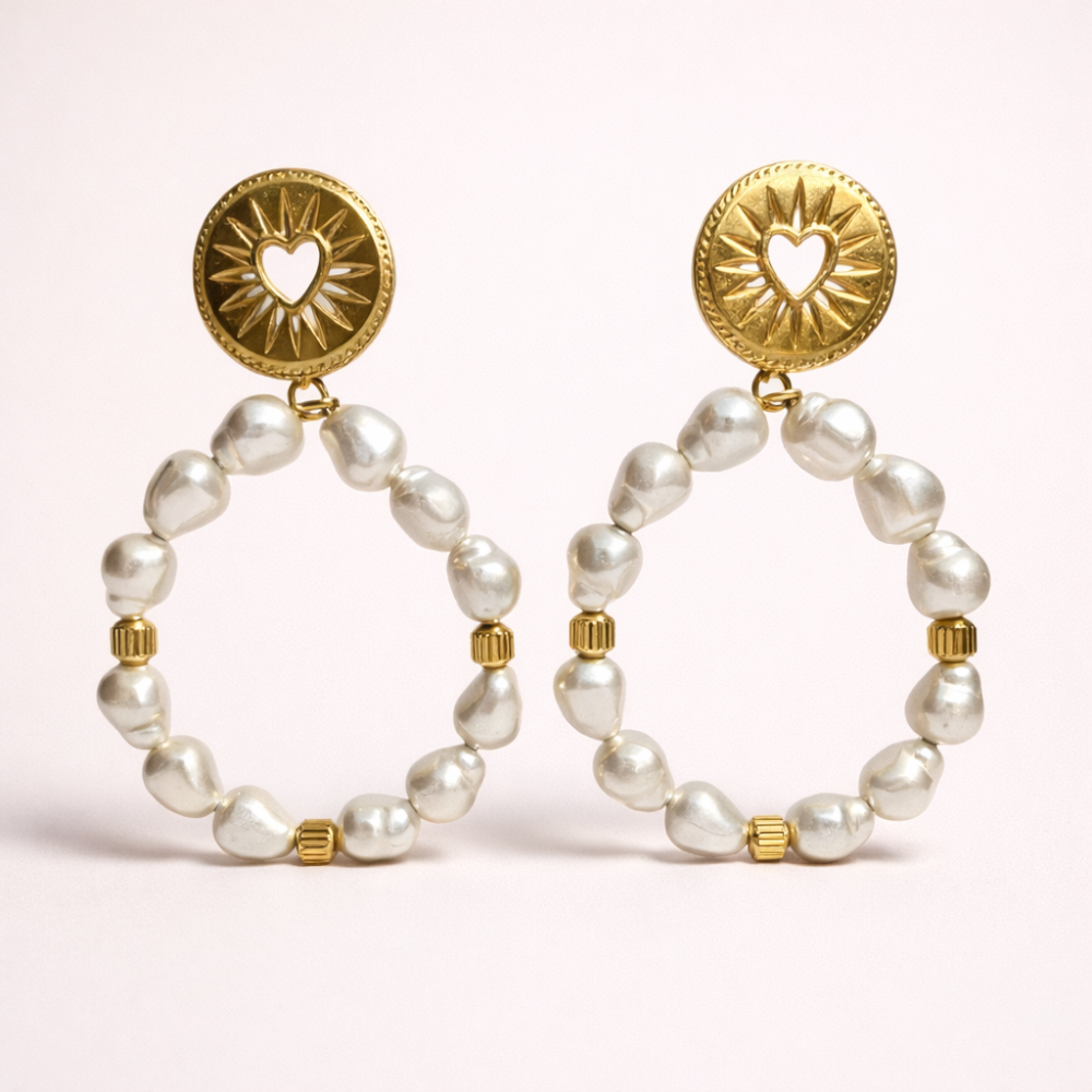 Boucles d’Oreilles Créoles Perles & Soleil Cœur | Boucles acier inoxydable | Gaou Bijoux