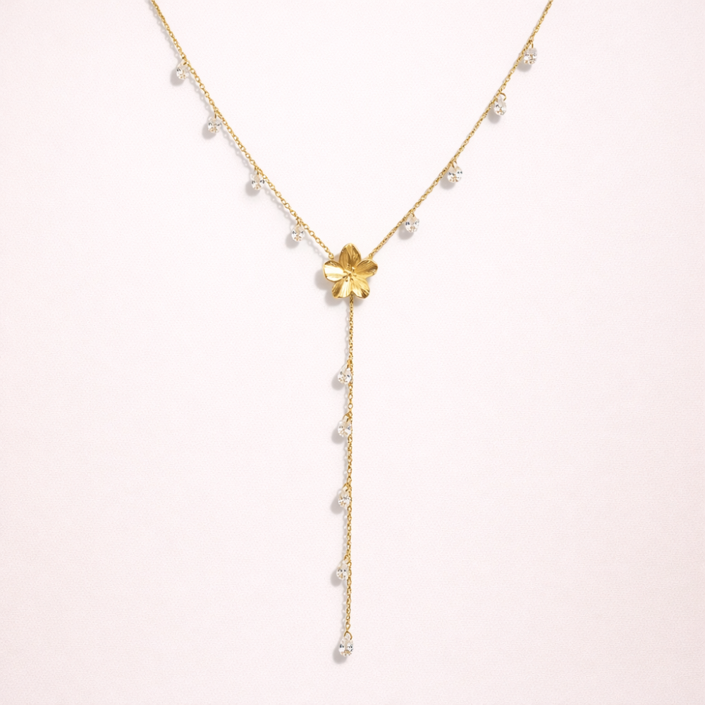 Collier Y fleur doré avec gouttes bijoux acier inoxydable | Gaou Bijoux