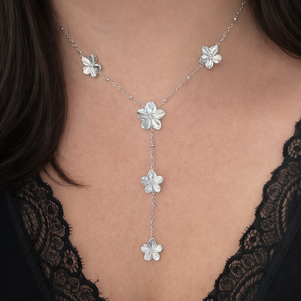 Collier Y fleurs en acier inoxydable argenté | bijoux acier inoxydable | Gaou Bijoux