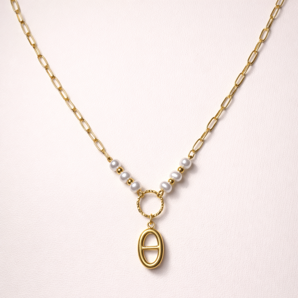 Collier doré maillons et perles avec pendentif ovale bijoux acier inoxydable | Gaou Bijoux