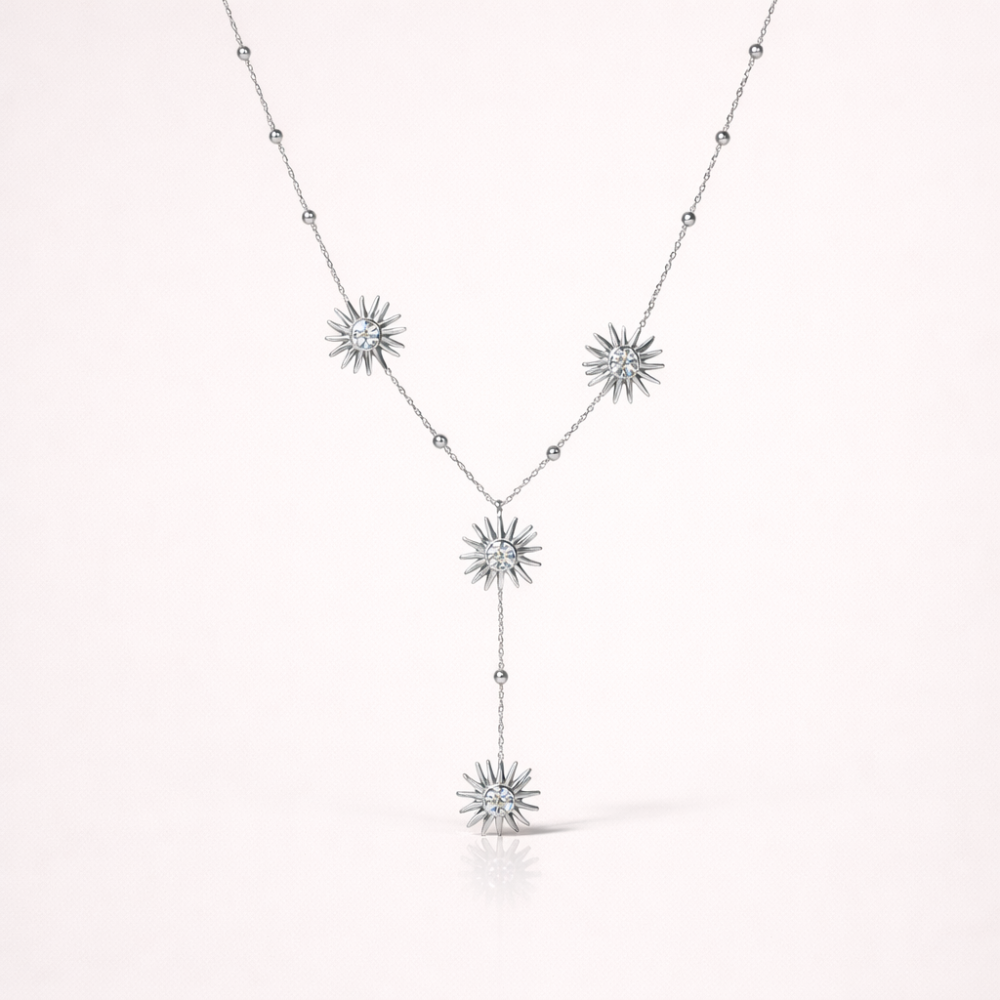 collier Y argenté soleil avec zircons en acier inoxydable