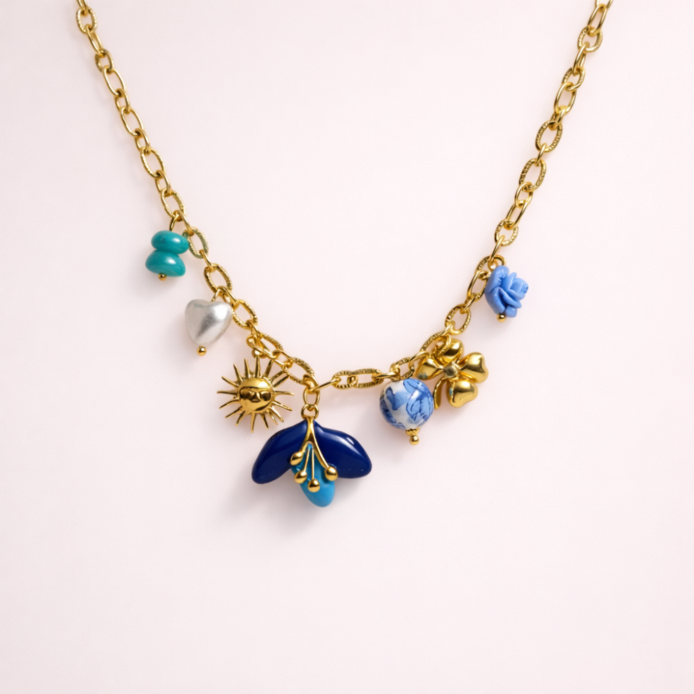 Collier Charms Bleu Doré Bohème | bijoux acier inoxydable | Gaou Bijoux