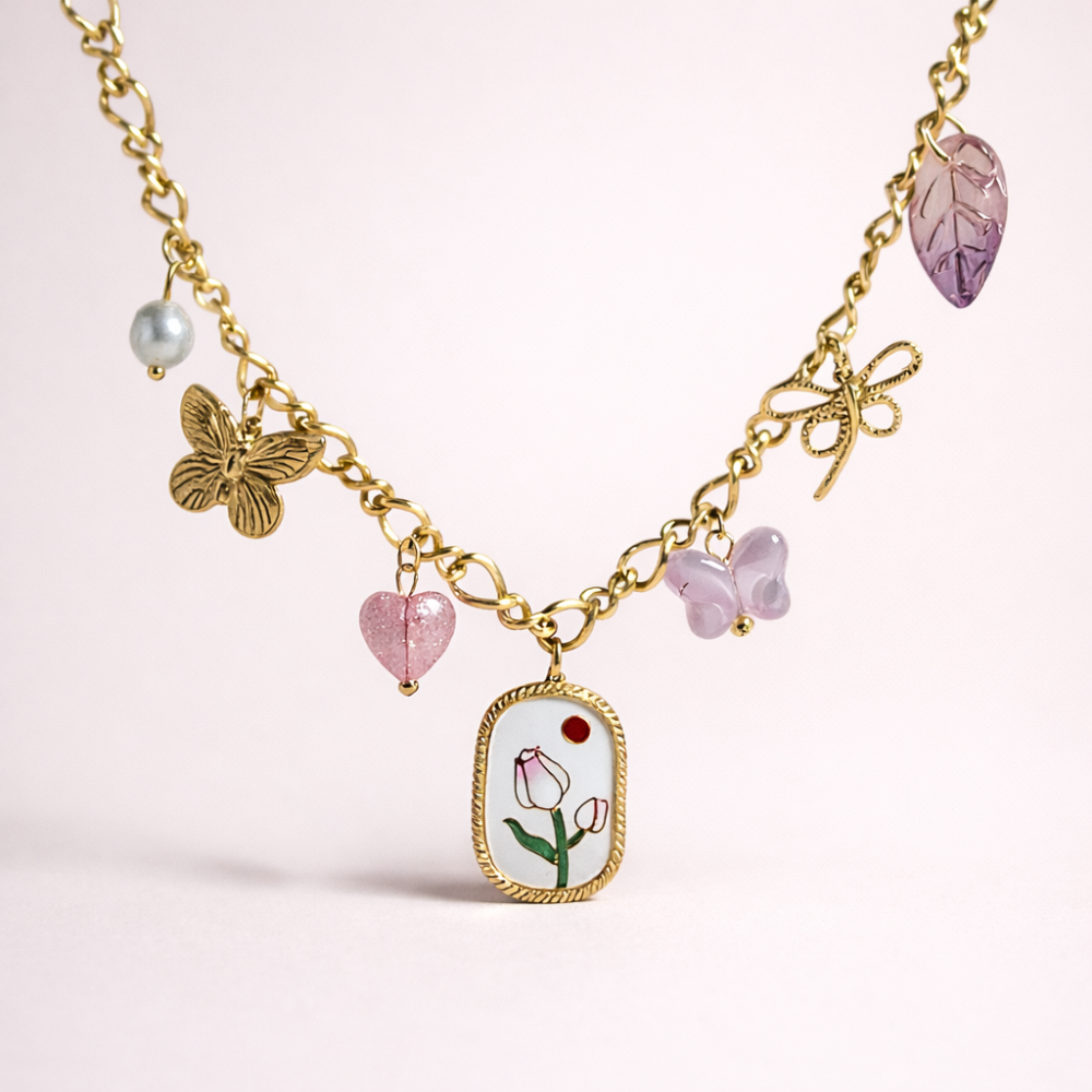 Collier Jardin Enchanté acier inoxydable doré multicharms | Gaou Bijoux