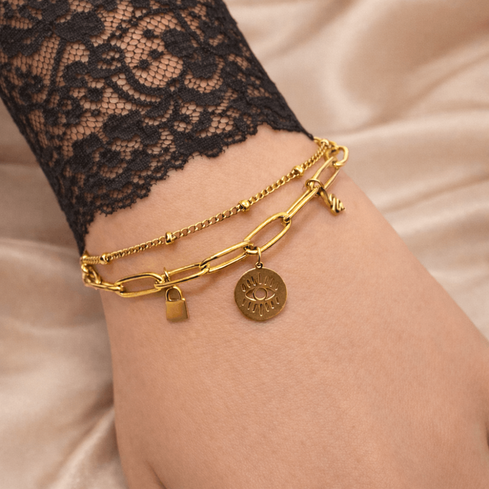 Bracelet double chaîne doré charms œil, serpent & cadenas | bijoux acier inoxydable | Gaou Bijoux