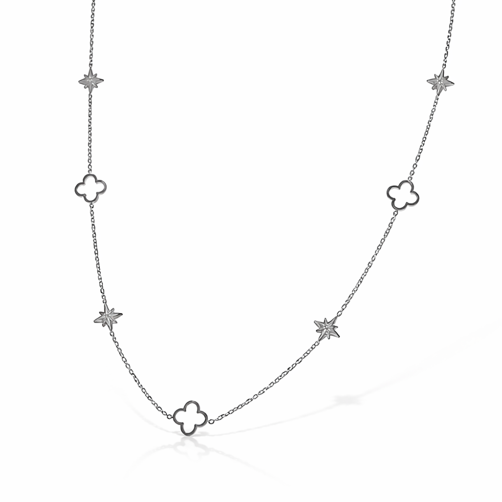 Collier sautoir argenté avec étoiles et trèfles en acier inoxydable – Gaou Bijoux