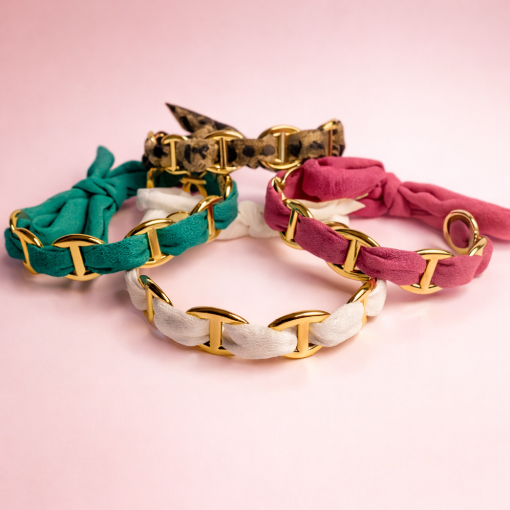 Bracelets tissu tressé dans des maillons maille marine dorés – vert, blanc, rose, léopard – Gaou Bijoux