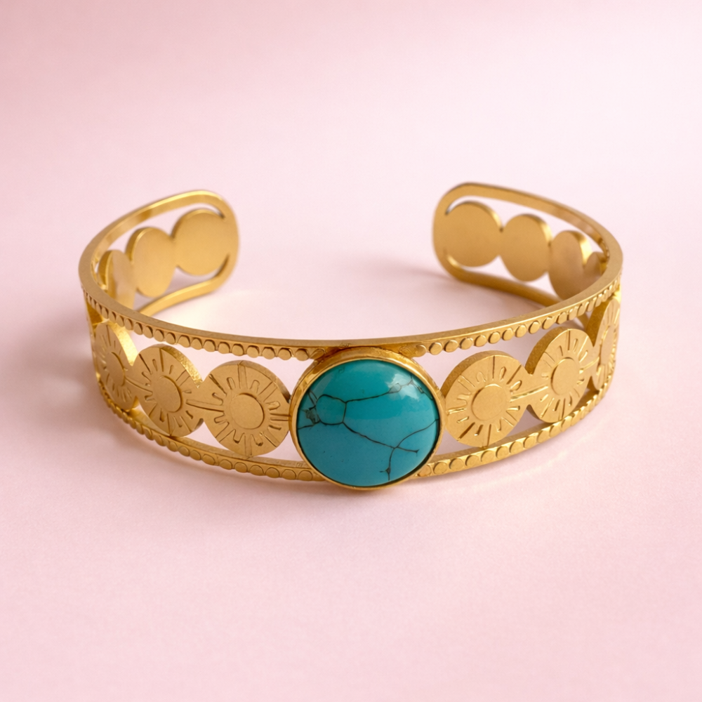 Bracelet jonc Soleil pierre naturelle turquoise ou œil de tigre – bijoux acier inoxydable | Gaou Bijoux