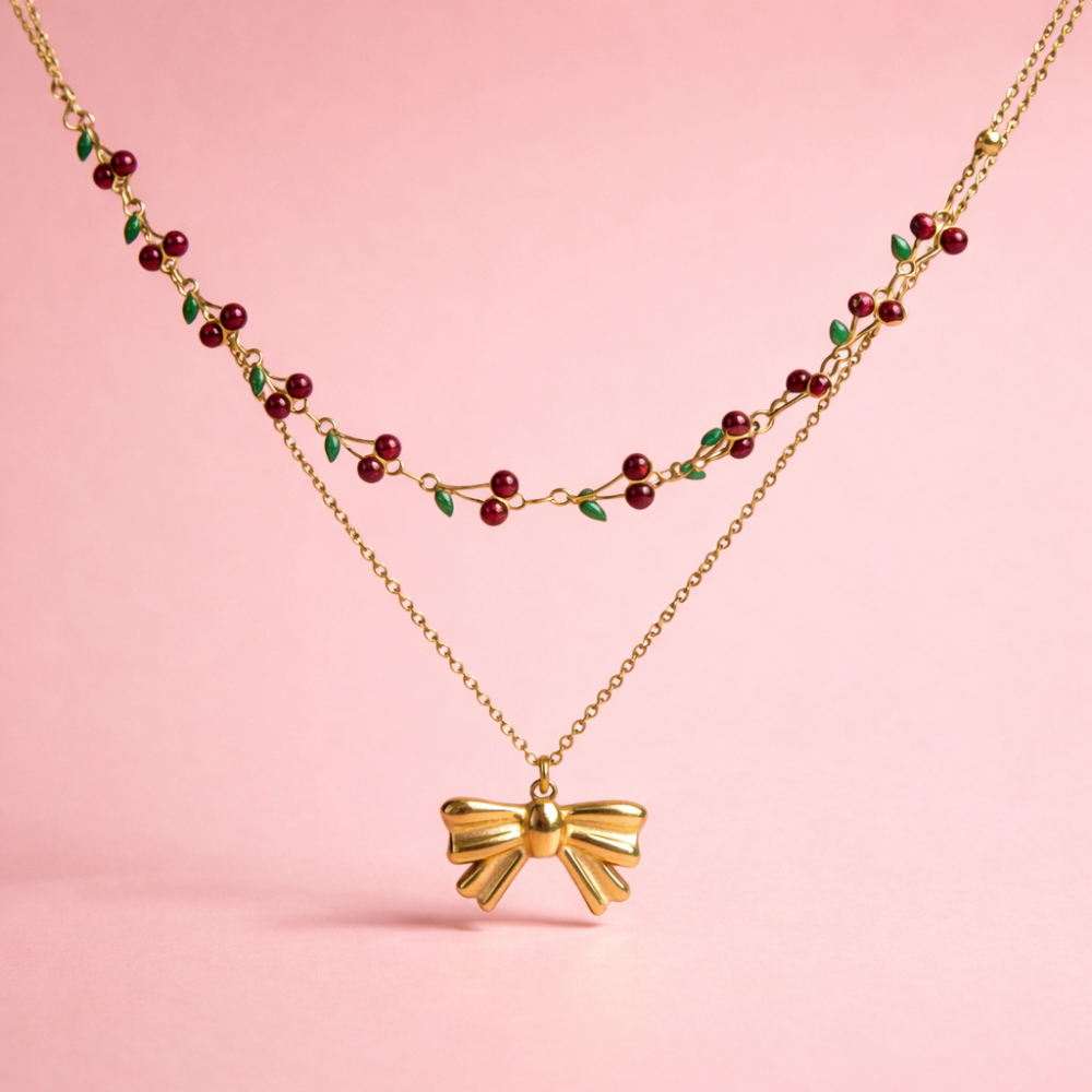 Collier double rang cerises et nœud doré en acier inoxydable | Gaou Bijoux
