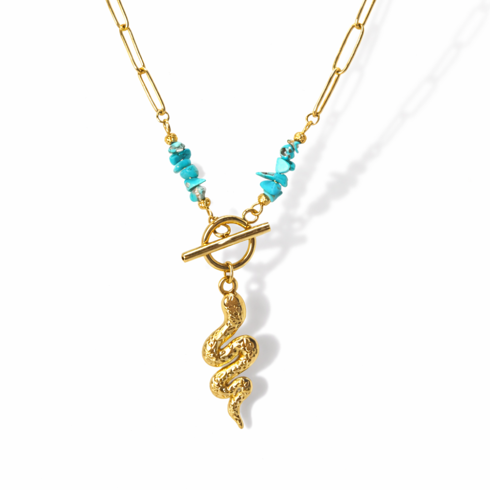 Collier Serpent et perle – Bijou doré avec turquoise en acier inoxydable | Gaou Bijoux