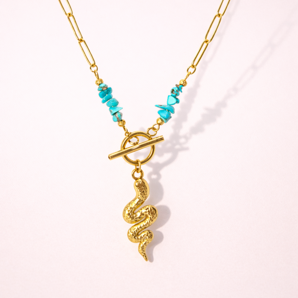 Collier Serpent et perle – Bijou doré avec turquoise en acier inoxydable | Gaou Bijoux