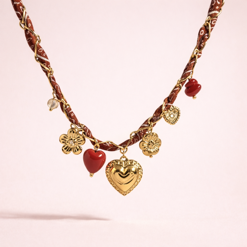 Collier Bandana charms cœurs et fleurs acier inoxydable doré | Gaou Bijoux