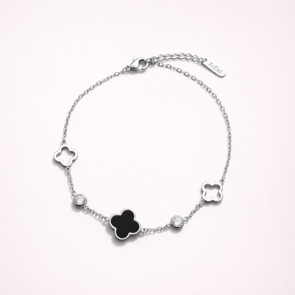 Bracelet trèfle noir et blanc zircon femme – bijoux acier inoxydable | Gaou Bijoux