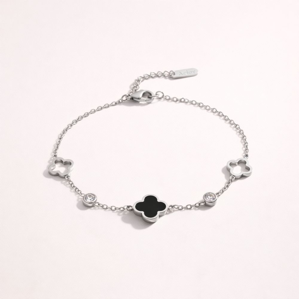 Bracelet trèfle noir et blanc zircon femme – bijoux acier inoxydable | Gaou Bijoux