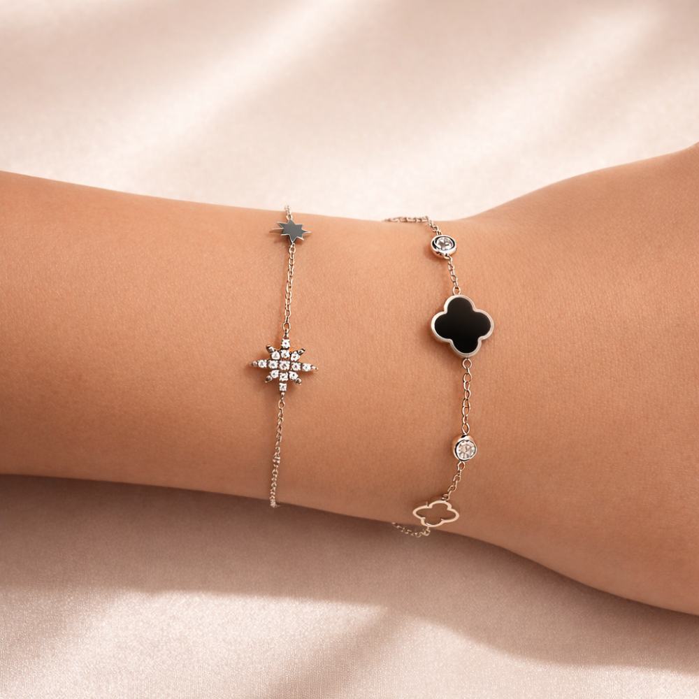 Bracelet trèfle noir et blanc zircon femme – bijoux acier inoxydable | Gaou Bijoux