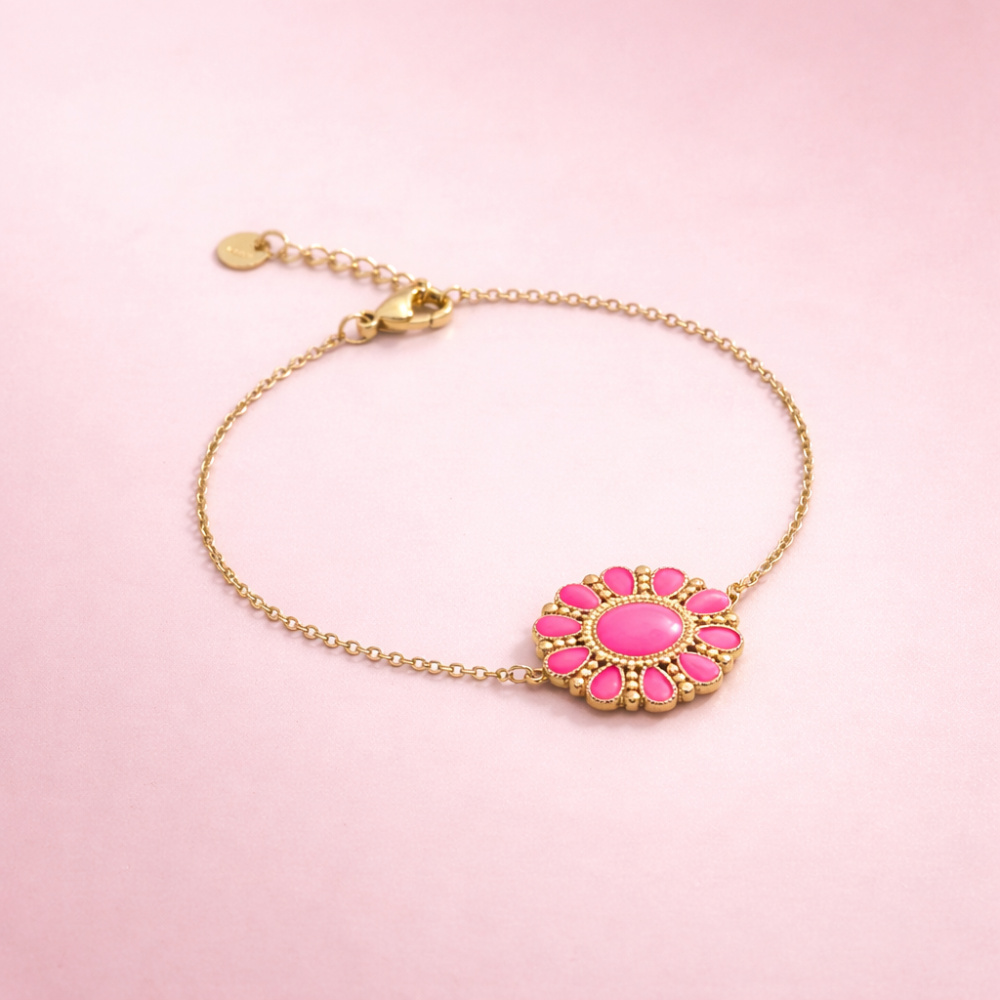 Bracelet fleur fuchsia doré femme – bijoux acier inoxydable | Gaou Bijoux