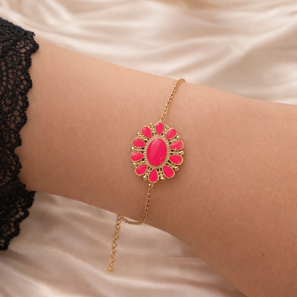 Bracelet fleur fuchsia doré femme – bijoux acier inoxydable | Gaou Bijoux
