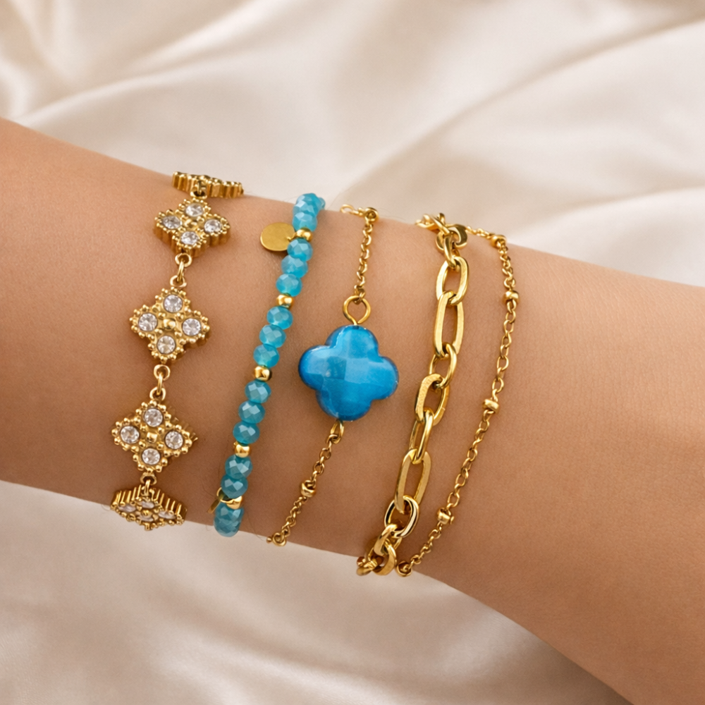 Bracelet multirang trèfle bleu doré acier inoxydable | Gaou Bijoux