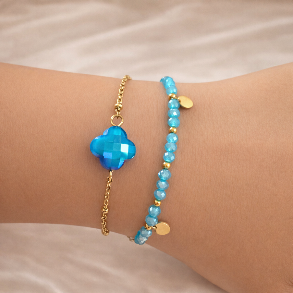 Bracelet multirang trèfle bleu doré acier inoxydable | Gaou Bijoux