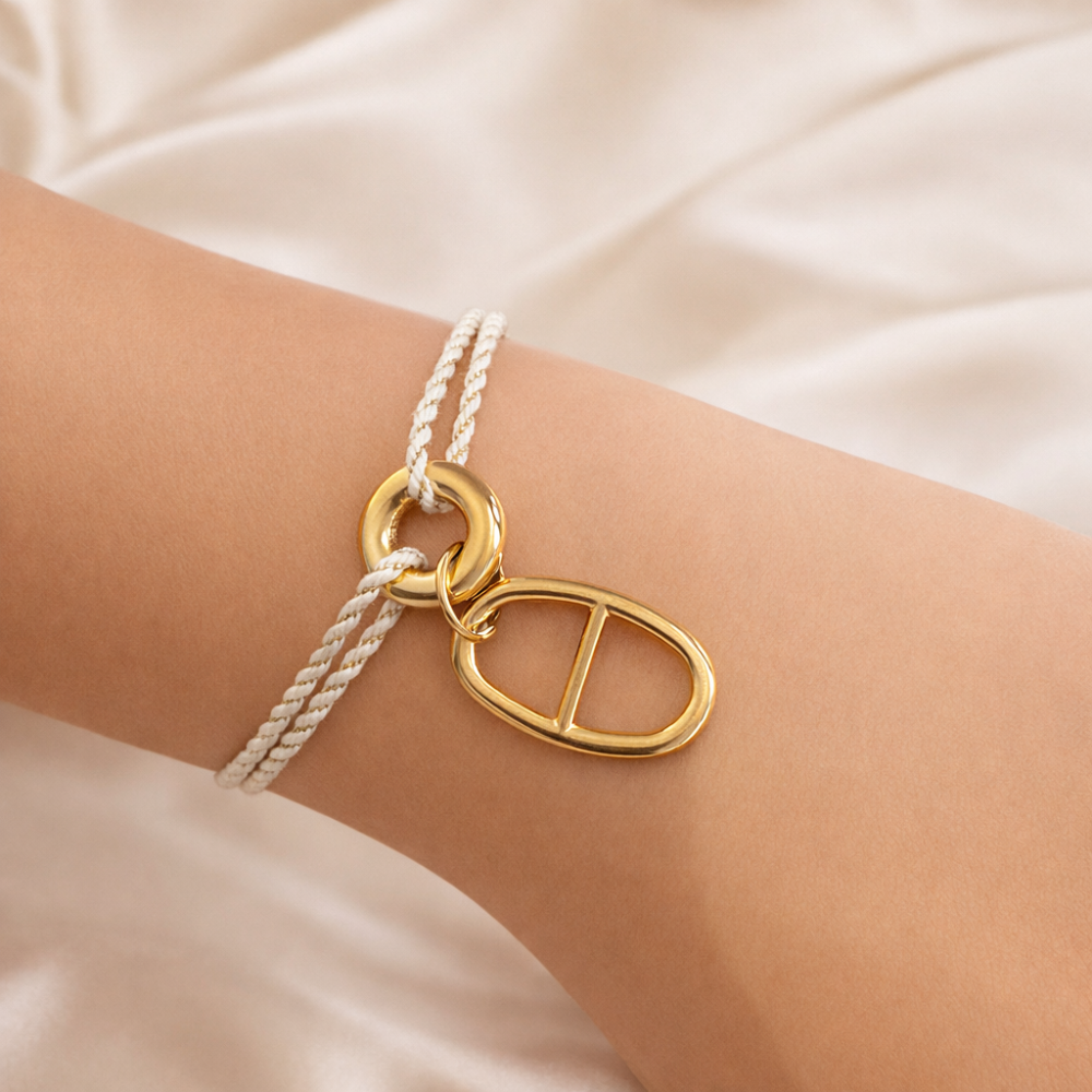 Bracelet corde blanc doré avec pendentif maille marine acier inoxydable Gaou Bijoux