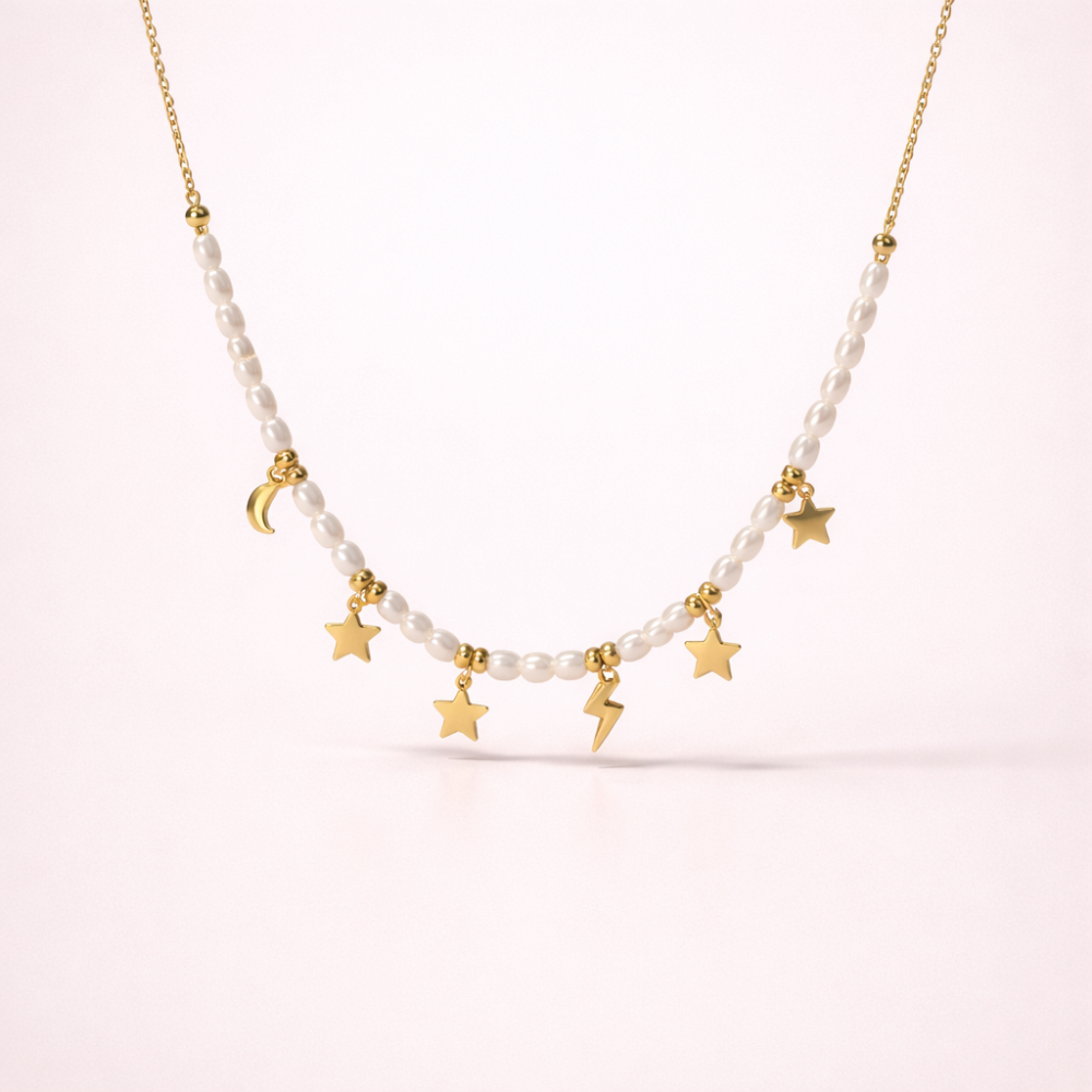 Collier perles étoiles lune acier inoxydable | Gaou Bijoux
