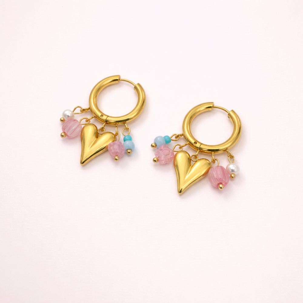 Boucles d’oreilles créoles cœur perles colorées acier inoxydable | Gaou Bijoux