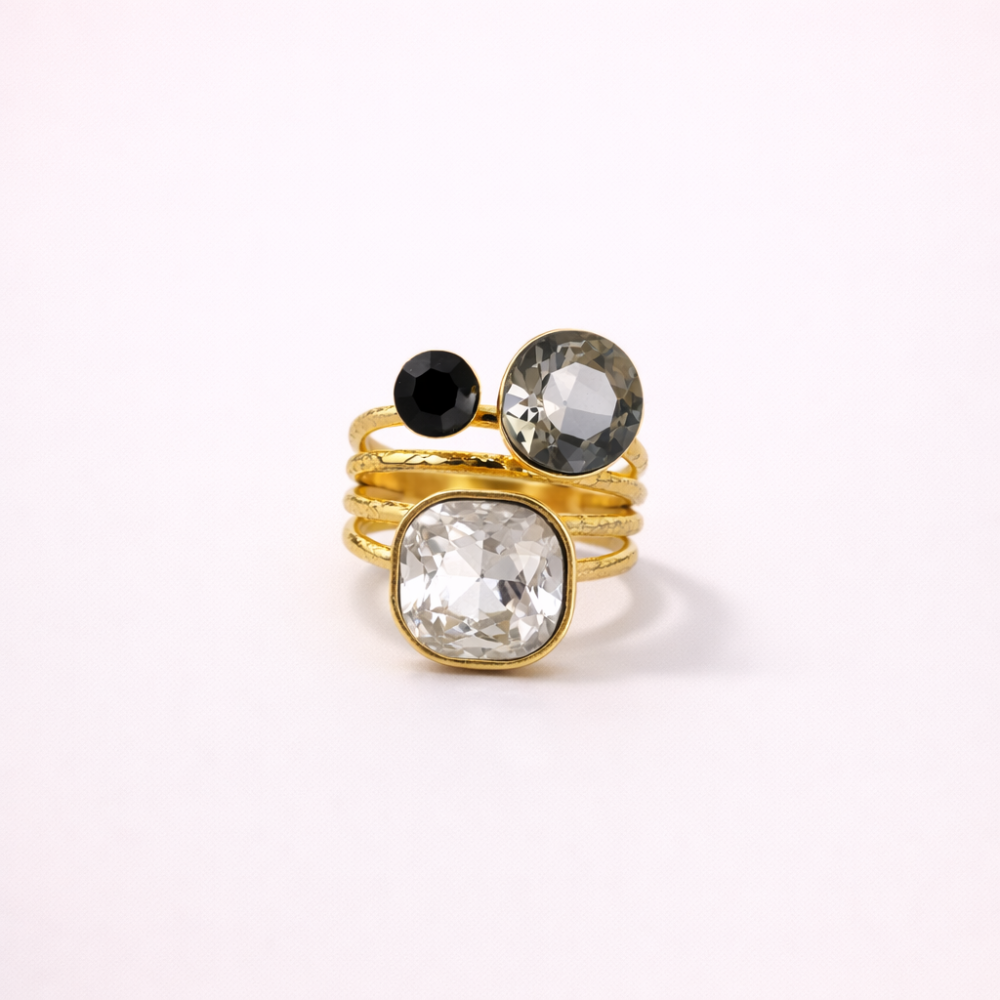 Bague pierres facettées bague multi rang ajustable acier inoxydable | Gaou Bijoux