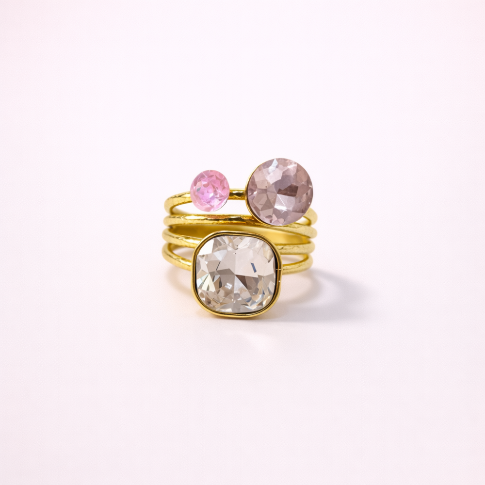 Bague pierres facettées bague multi rang ajustable acier inoxydable | Gaou Bijoux
