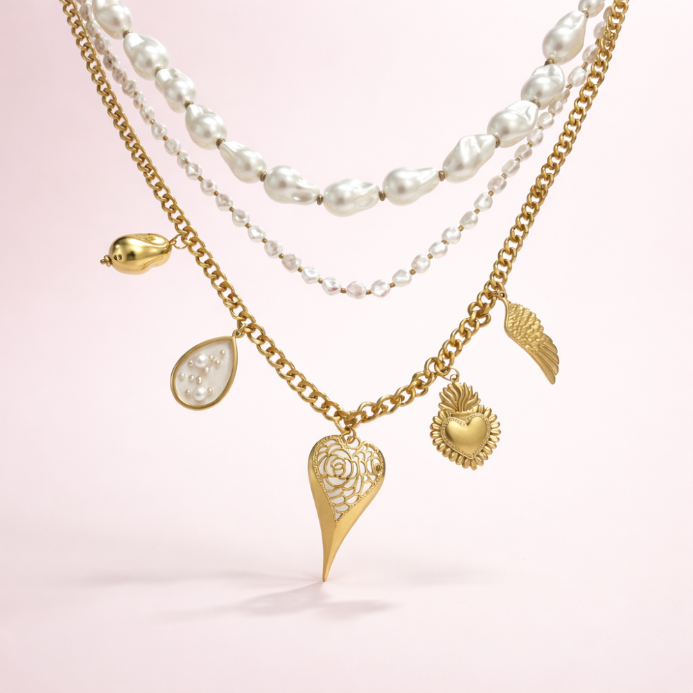 Collier multirangs perles et charms cœur acier inoxydable | Gaou Bijoux
