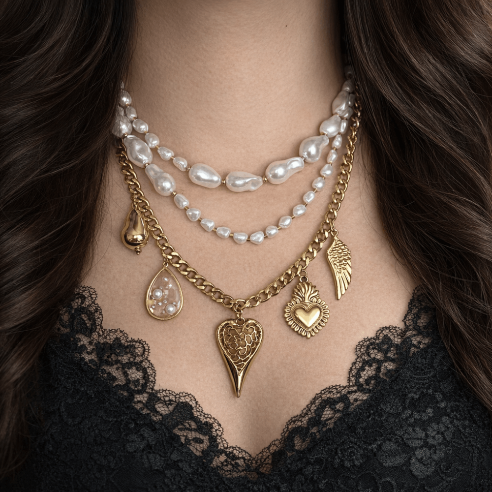 Collier multirangs perles et charms cœur acier inoxydable | Gaou Bijoux