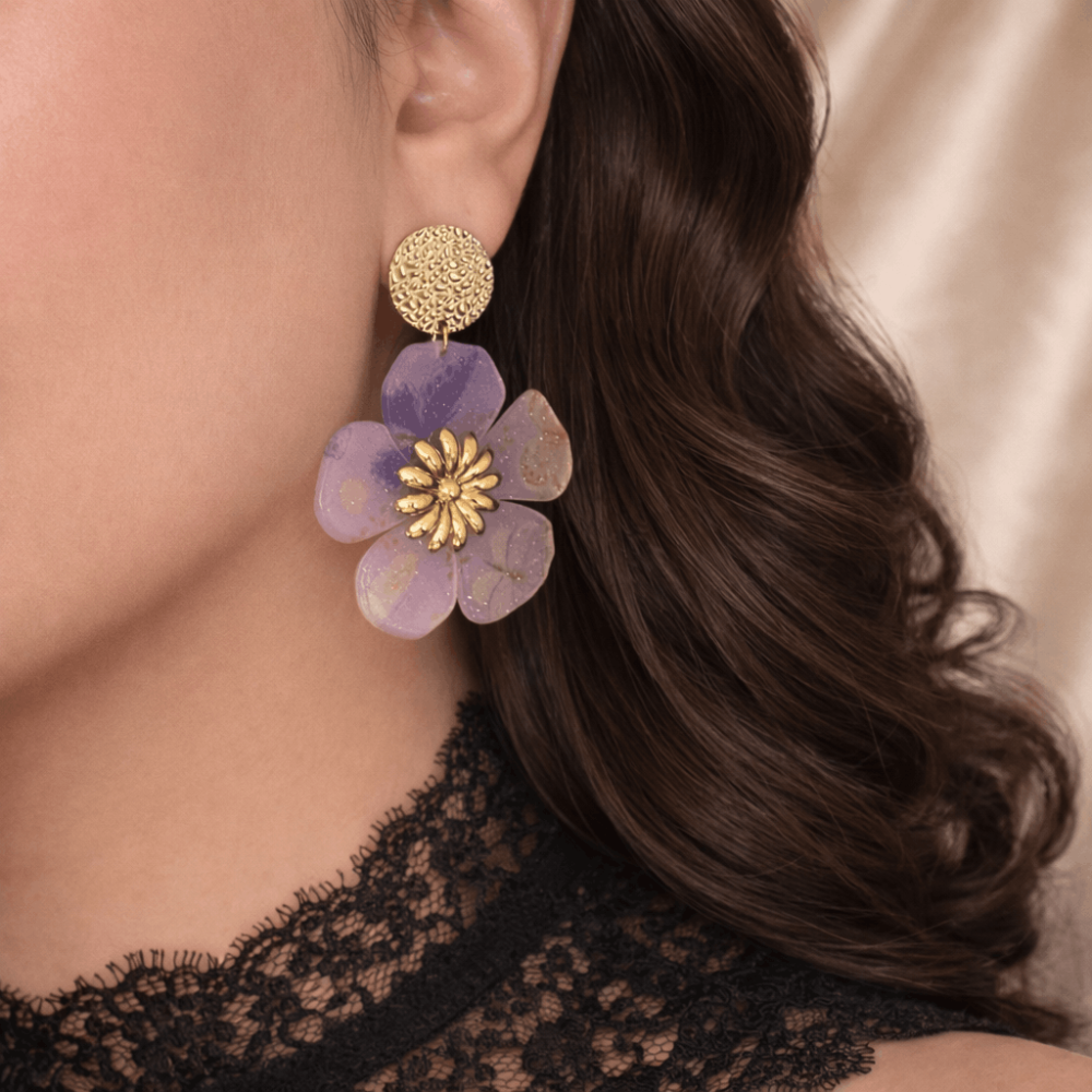 Boucles d’oreilles fleur bohème parme acier inoxydable | Gaou Bijoux