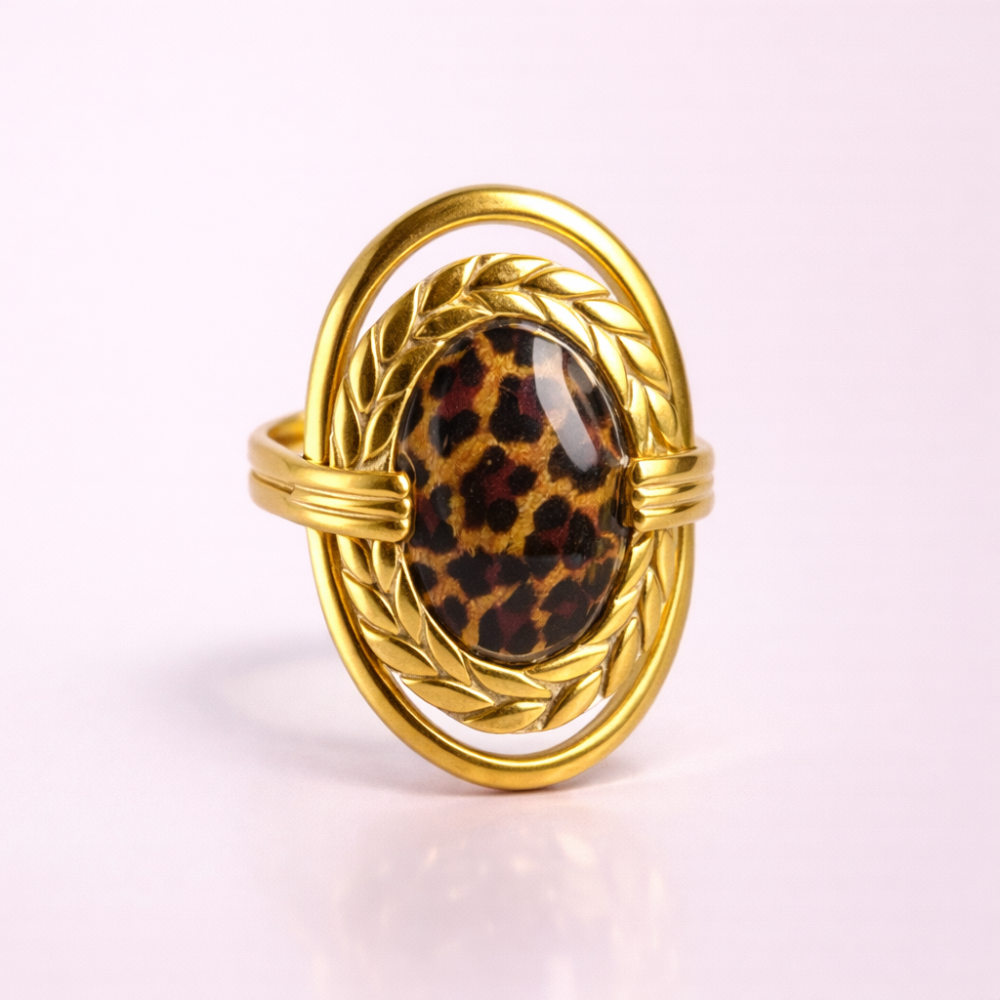 Bague Léopard ovale dorée acier inoxydable | Gaou Bijoux
