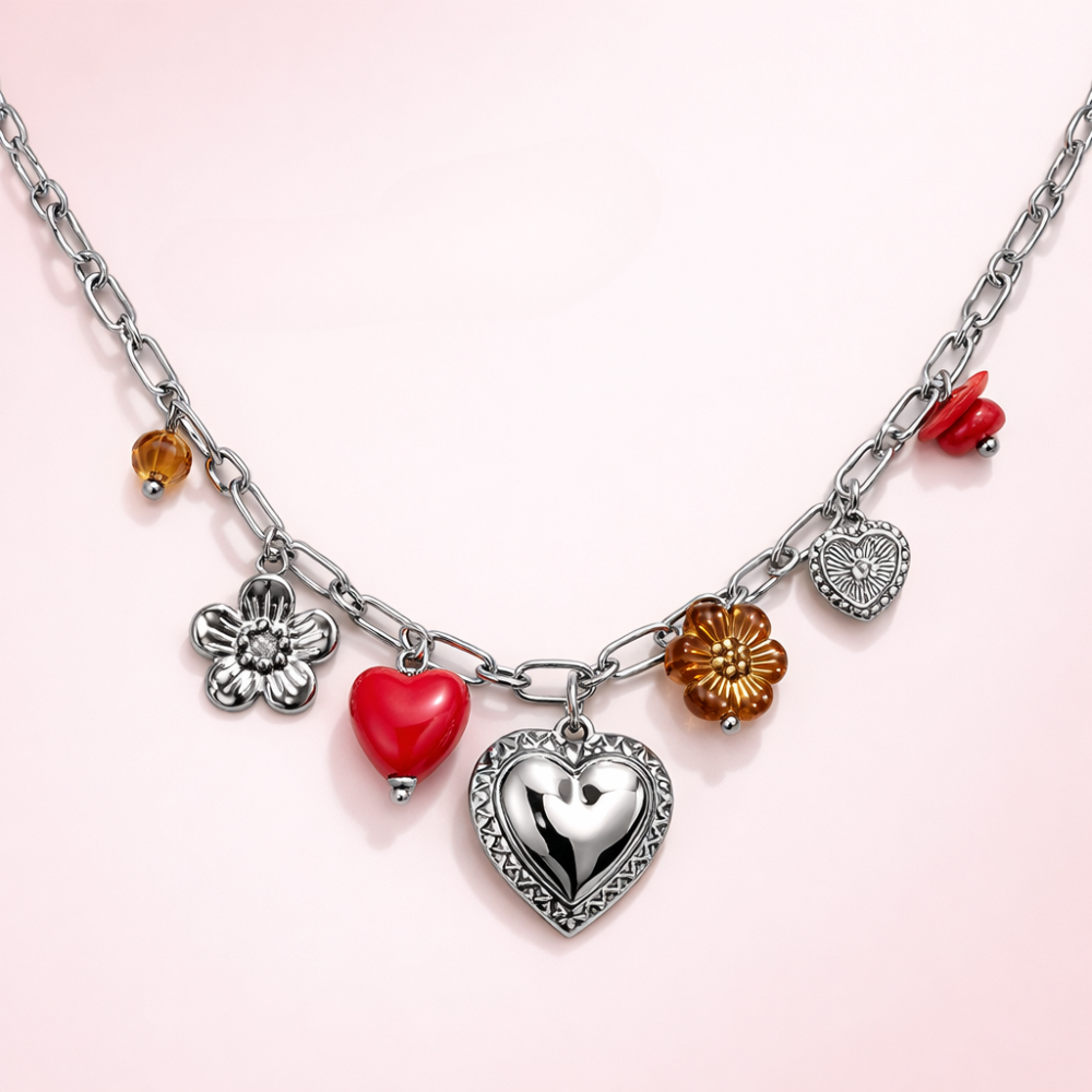 Collier charms cœurs et fleurs acier inoxydable | bijoux acier inoxydable | Gaou Bijoux