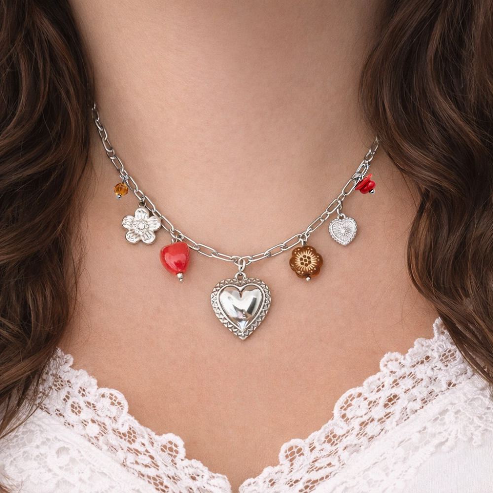 Collier charms cœurs et fleurs acier inoxydable | bijoux acier inoxydable | Gaou Bijoux